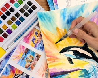 DIY Adult Paint Watercolor Kit, sea life painting -Paint and sip, date night, not paint by numbers, gift for grandma , gift for mom