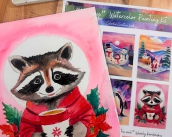 Holiday Watercolor Painting Kit- DIY Christmas Watercolor Kit- Winter Craft Fine Watercolor Paper Brushes, Paints & Instructional Video Link