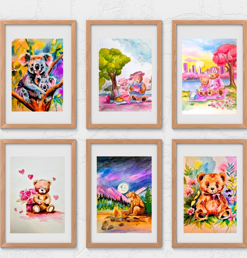 May include: Six framed watercolour paintings featuring various animals. The first painting shows a koala and two baby koalas in a tree. The second painting shows two teddy bears having a picnic. The third painting shows two teddy bears sitting on a bench by a lake. The fourth painting shows a teddy bear holding a bouquet of flowers. The fifth painting shows a bear sitting by a campfire under a starry sky. The sixth painting shows a teddy bear sitting in a field of flowers.