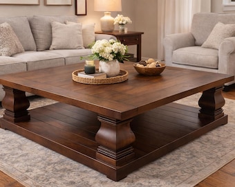 Rustic Wide Plank Coffee Table: Solid Wood Balustrade Sofa Table