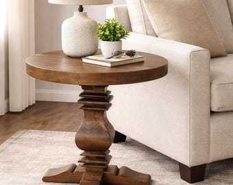 Handmade Rustic Solid Wood Pedestal End Table: Dark Oak Finish