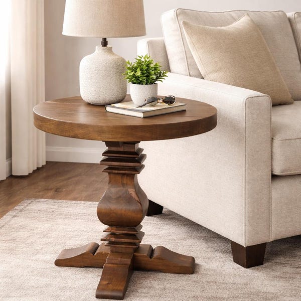 Mesa auxiliar rústica de pedestal de madera maciza hecha a mano: acabado en roble oscuro