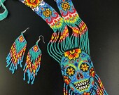 Beautiful Skull Necklace, Huichol Necklace, Ethnic Sugar Skull Necklace, Native American Necklace, Seed Bead Necklace ,Beaded Necklace,Gift