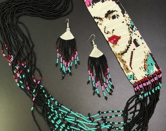 Frida Khalo earrings and necklace set beaded work