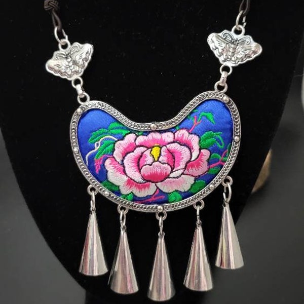 New Design!! Miao Silver Embroidery Necklace,Butterfly Dangle Earring,Circular Flower design,Bold Ethnic Earring, Traditional Earrings,Boho