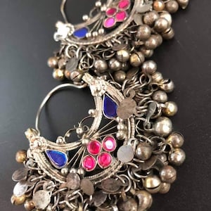 Kuchi Earrings, Hoops, Afghan, Boho, Fuchsia Pink, Red, Middle Eastern, Ear Weights, Old, Pierced, Patina, Ethnic Jewelry,Silver Hoop