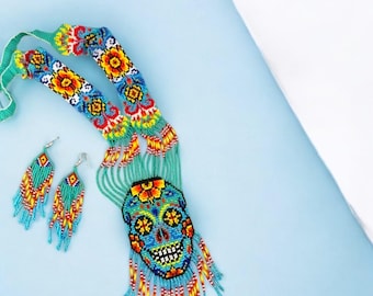 Handmade Seed Bead Skull Necklace & Earring Set