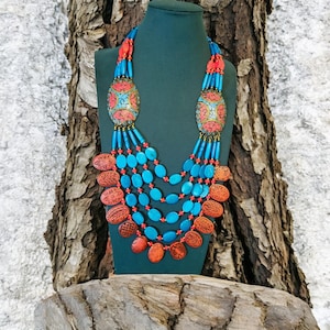 Turquoise ketting Nepalees/Tibetaans etnische kralen, groot, boho-stijl, meerdere strengen, etnische sieraden, cadeau voor haar