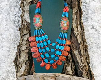 Nepalese Turquoise Beaded Necklace: Boho Ethnic Jewelry