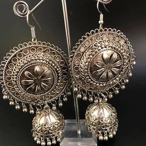 Oxidierte Silber vergoldet handgemachte Step Up Große Jhumka Ohrringe Schmuck