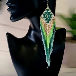 Long Green Beaded Earrings, Seed Bead Fringe Earrings, Boho Statement Earrings,Handmade Green, Delicate Seed Beads, Unique Gift for Her