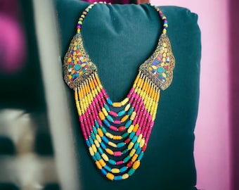 Nepalese Turquoise Beaded Necklace: Boho Ethnic Jewelry