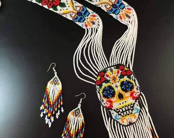 Handmade Seed Bead Skull Necklace & Earring Set
