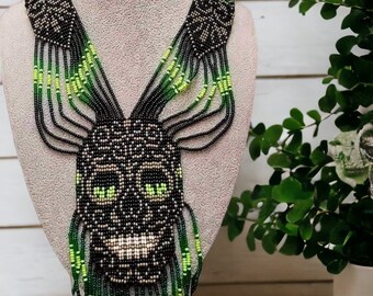 Handmade Seed Bead Skull Necklace: Ethnic Beaded Jewelry Set