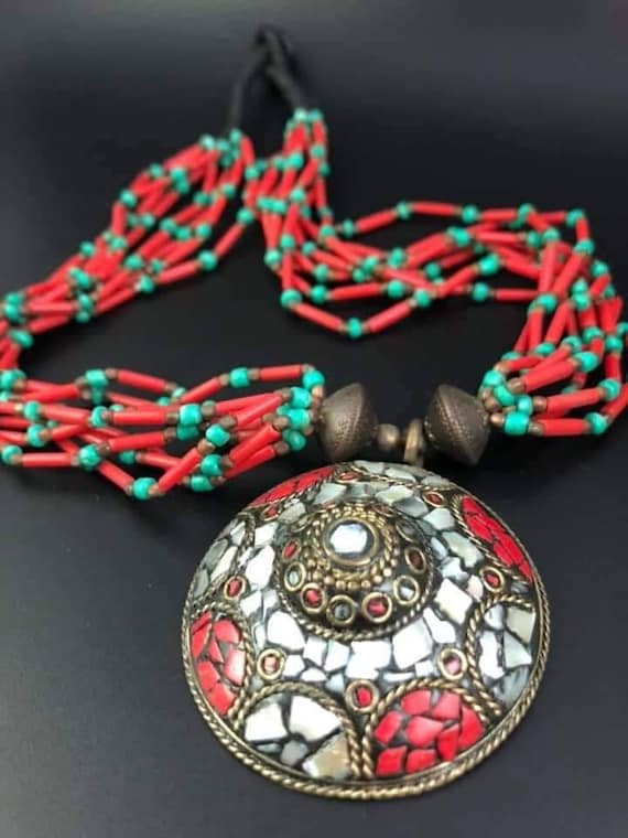 Tibetan Bead Layered Multicolor Beaded Necklace Nepal Jewelry Tibetan Jewelry ethnic vintage gypsy tribal Jewelry Coral Inlay African Boho Etsy UK