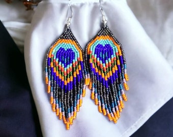 Peacock beaded earrings Animal pattern Peacock feather Bird print Long chandelier earrings Bright Seed bead earrings Fringe Boho Gift