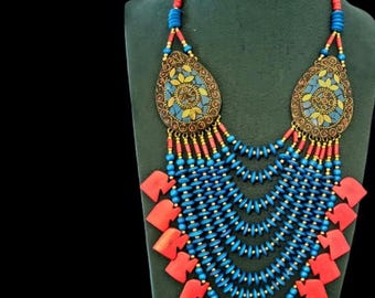 Mâlâ de prières Népalais os de Yak brun turquoise et corail