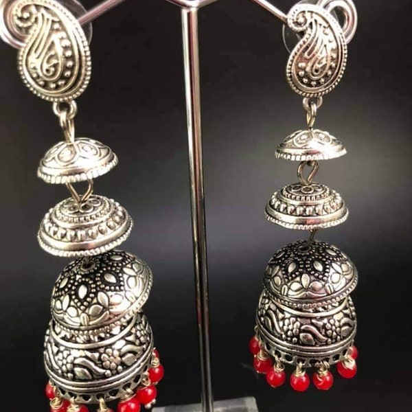 Oxidized German Silver Plated Meenakari Earrings Long Three Layer Jhumka Jhumki indian jewellery for women 