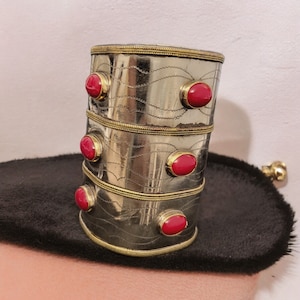 TURKMEN CUFF BRACELET, Turkoman Bracelet with Red Glass Stones ,Nomadic Bracelt , Long Vintage Cuff,Bedouin Cuff ,Kuchi Bracelet,Belly Dance