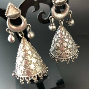 silver look very beautiful cone shape beaded jhumki,banjara jewelry,beaded earrings,light weight earrings,moonshape earring
