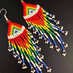 chandelier earrings, beaded fringe earrings, long tribal earrings, Rainbow earrings, beaded accessory, gift for her,Lgbt, Pride earrings,