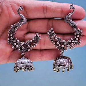 Peacock motif with jhumki .indian Jewelery, ethnic earrings, oxidized jewelery, German Silver, ear chains,Handmade Earrings, Peacock Lover