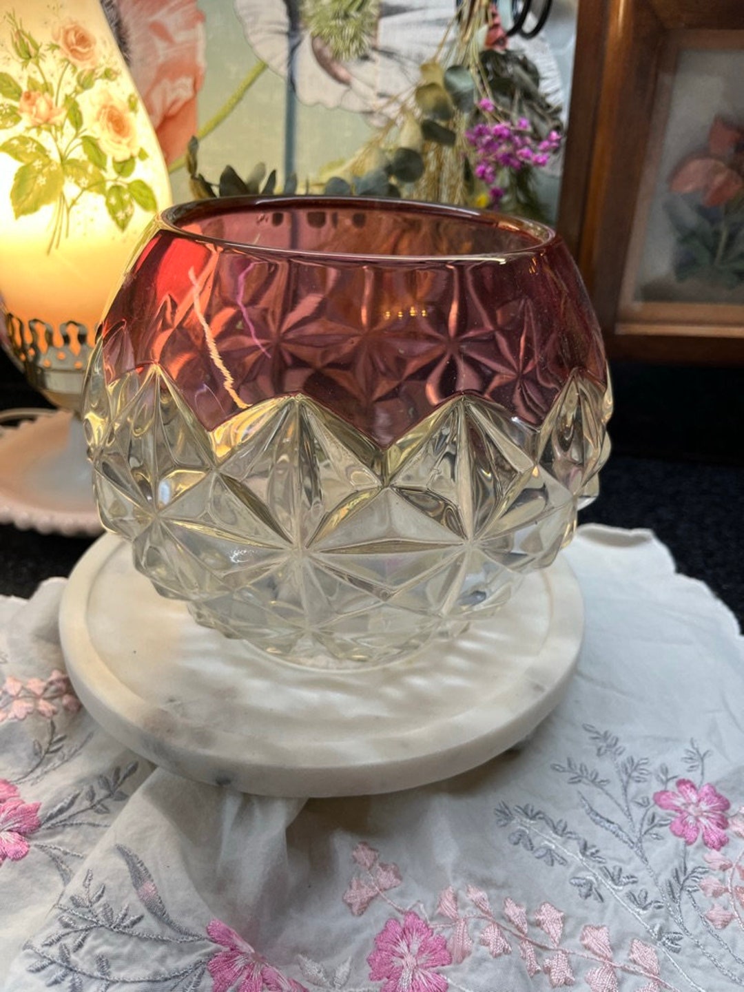 Vintage Decorative Crystal Bowl With Pink Detailing Etsy