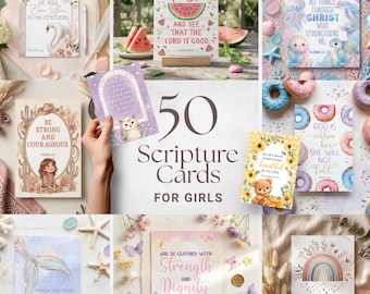 50 Scripture Cards for Girls Printable, Bible Verse Cards Bundle, Christian Kids Card, Children's Memory Verse Cards, Girls Faith Decor