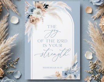 Nehemiah 8:10 Bible Verse Cards Women Neutral Blue Scripture Memory Verse Card (Digital Download)