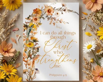 Philippians 4:13 Bible Verse Cards Scripture Card Bible Memory Verse Floral (Digital Download)