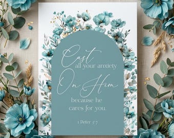 1 Peter 5:7 Bible Verse Cards Bible Memory Verse Scripture Card Anxiety (Digital Download)