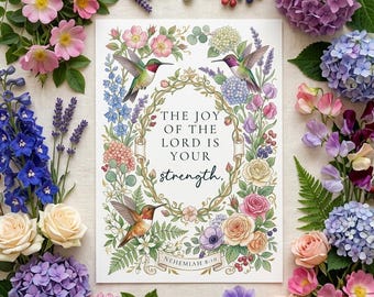 Nehemiah 8:10 Christian Girls Wall Art, Hummingbird Bible Verse Printable, Children's Scripture Cards