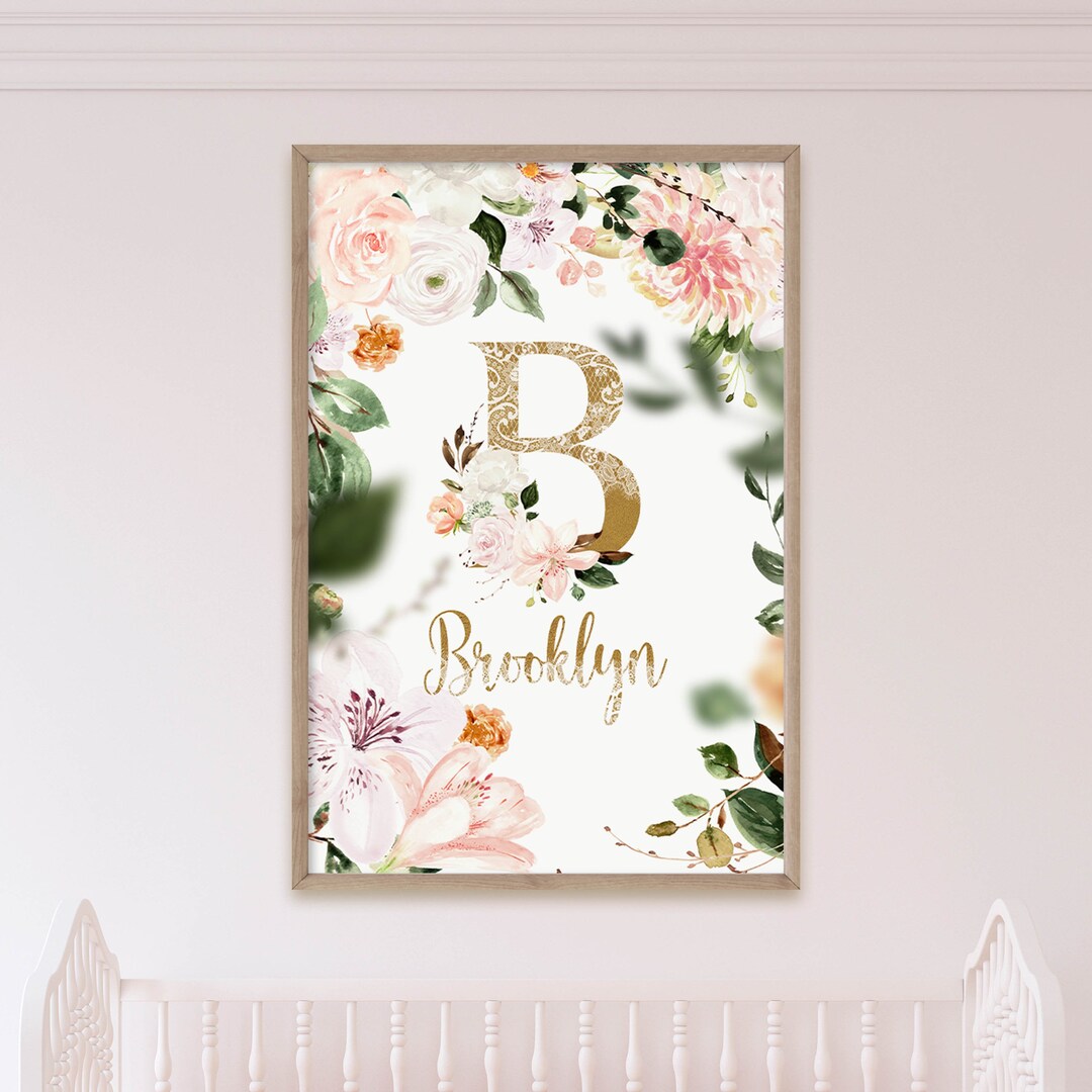 Pink Floral and Lace Nursery Art Print, Custom Name Nursery Decor ...