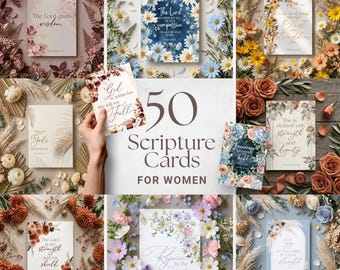 50 Scripture Cards for Women Bundle, Printable Bible Verse Cards, Christian Gift Set, Christian Memory Verse Card Digital Download