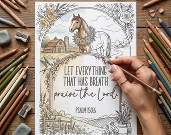 Scripture Adult Coloring Page, Horse Bible Verse Praise Christian Printable Farm