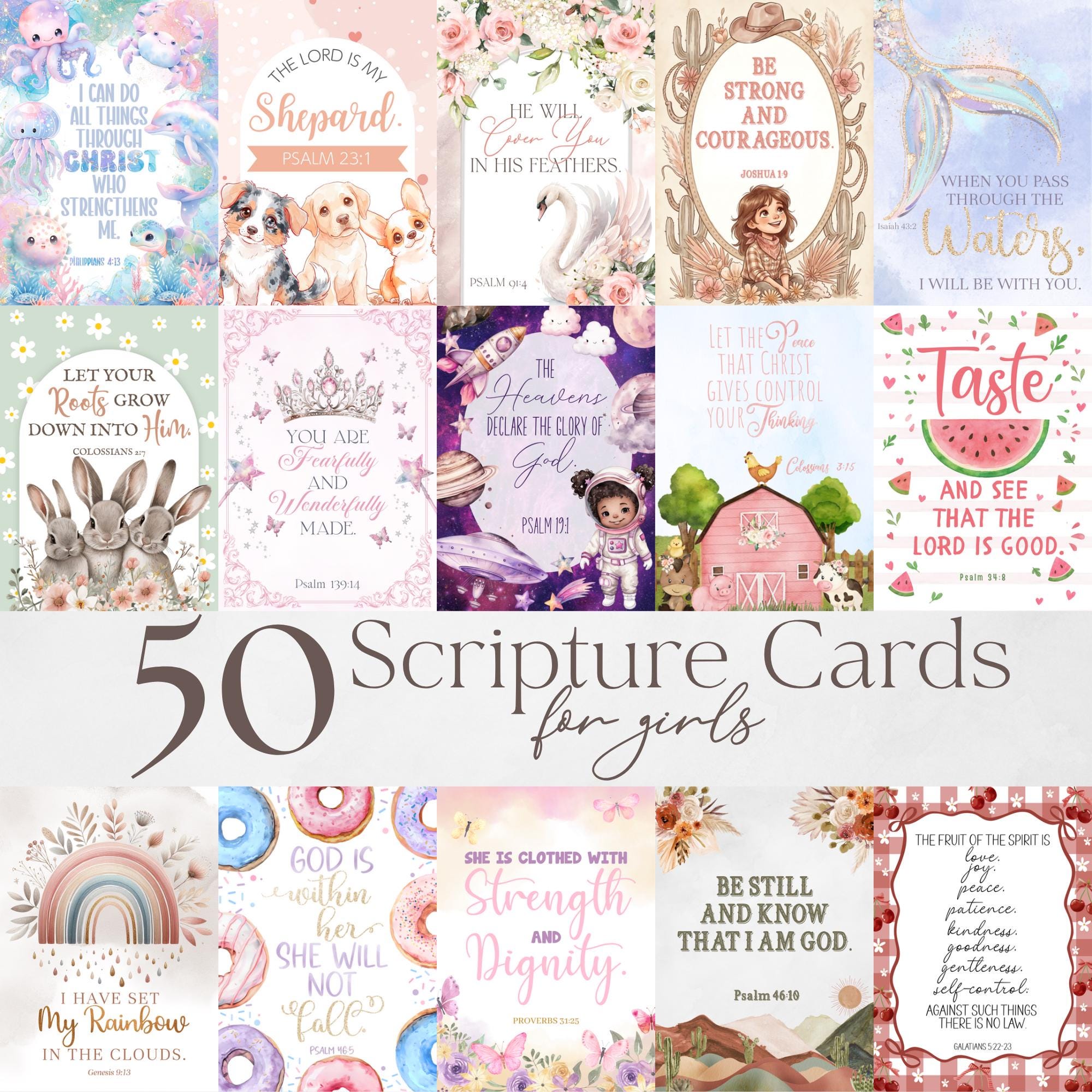50 Scripture Cards for Girls Printable, Bible Verse Cards Bundle ...