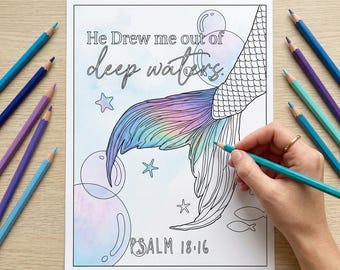 Christian Adult Coloring Page, Mermaid Bible Verse Deep Waters Scripture Printable