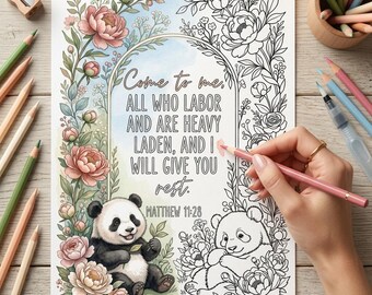Matthew 11:28 Scripture Adult Coloring Page, Printable Christian Bible Verse Coloring Sheet