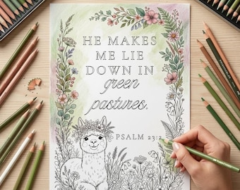 Christian Adult Coloring Page, Psalm 23:2 Printable Scripture Coloring Page Faith Relaxation