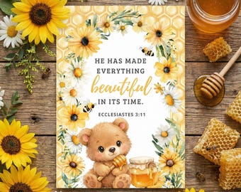 Honey Bear Bible Verse Printable for Girls, Bee Scripture Card Kids Christian Art, Children's Memory Verse Card