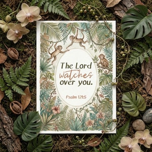Jungle Bible Verse Printable For Boys, Psalm 121 Scripture Card, Monkey Christian Kids Art, Children's Memory Verse Card