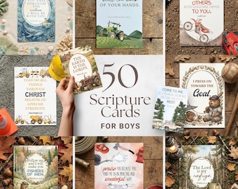 50 Scripture Cards for Boys Bundle, Printable Bible Verse Cards, Christian Gift Set, Christian Memory Verse Card Digital Download