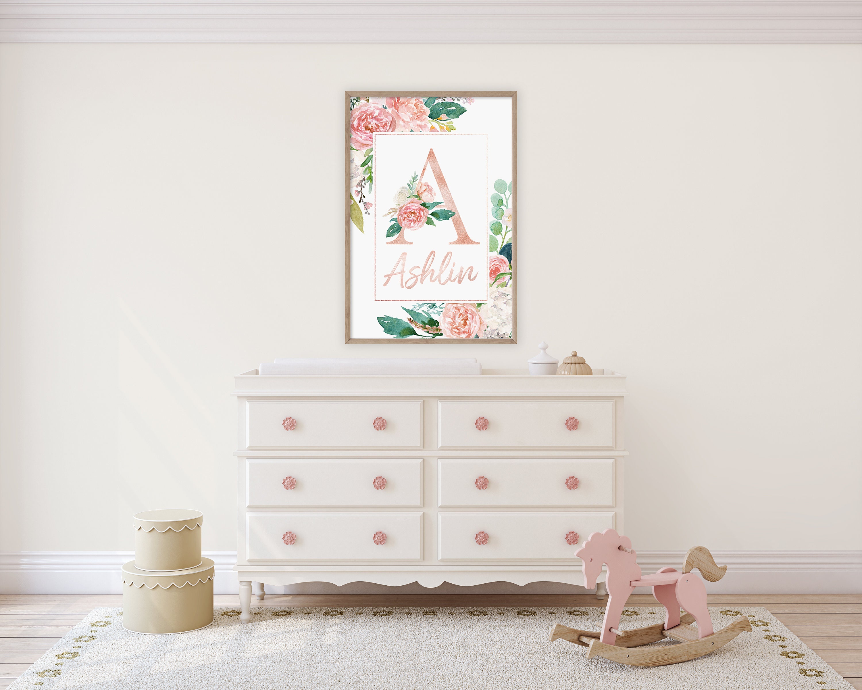 Rose Gold and Pink Floral Nursery Name Wall Art, Personalized Nursery ...