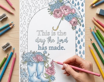 Scripture Adult Coloring Page, Rain Boots Bible Verse Christian Printable Floral