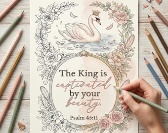 Scripture Adult Coloring Page, Swan Bible Verse Beauty Psalm Christian Printable