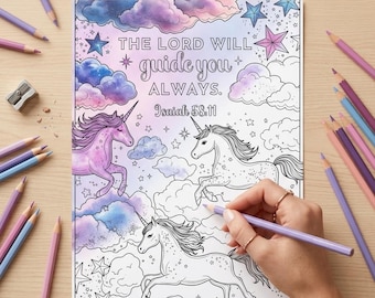 Christian Adult Coloring Page, Isaiah 58:11 Printable Scripture Coloring Page Unicorn Theme
