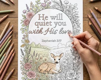 Christian Adult Coloring Page, Zephaniah 3:17 Printable Scripture Coloring Page Peaceful Deer