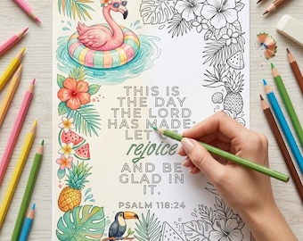 Christian Adult Coloring Page, Psalm 118:24 Printable Scripture Coloring Page Tropical Theme