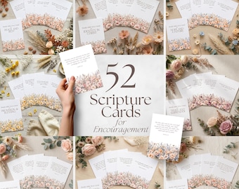 52 Scripture Cards for Encouragement, Christian Printable Bible Verse Cards for Women Bundle, Printable Memory Verse Gift Bundle