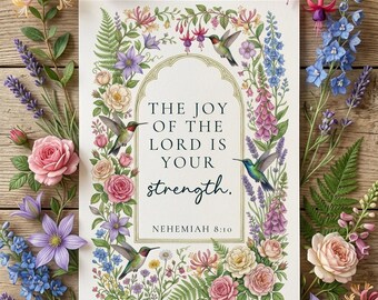Hummingbird Bible Verse Printable, Nehemiah 8:10 Christian Wall Art, Children's Scripture Cards